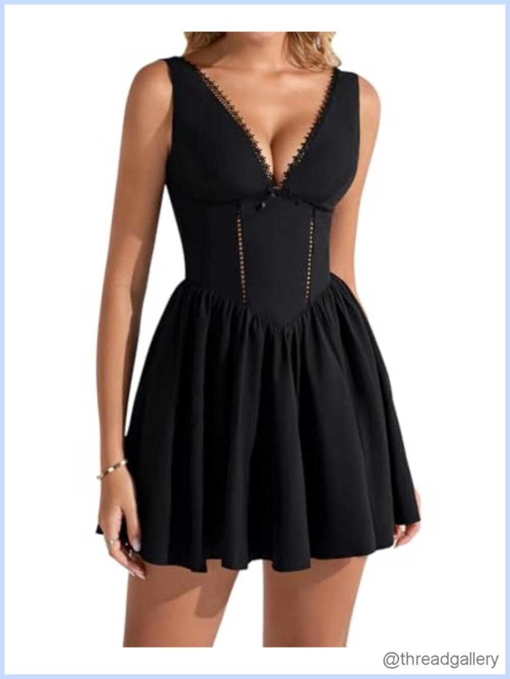 Corset Mini Dress A-Line V-Neck Lace Trim Smocked Back Graduation